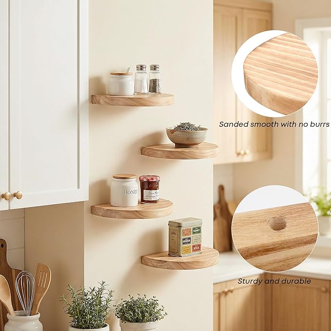 Small Wood Floating Shelves (4-Pack, 6-inch Diameter) - Round Sturdy Invisible Wall Mount Display for Small Plants,Toys,Bathroom,Living Room Storage & Modern Rustic Décor (Carbonized Brown)