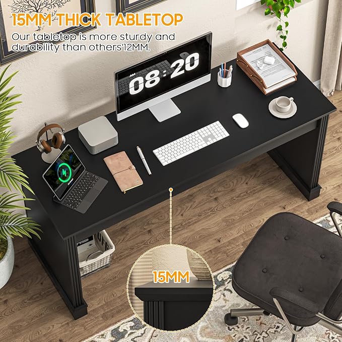Farmhouse 59" Executive Computer Desk, Simple and Spacious Workstation for Remote Work & Study, Home Office, Pure Black