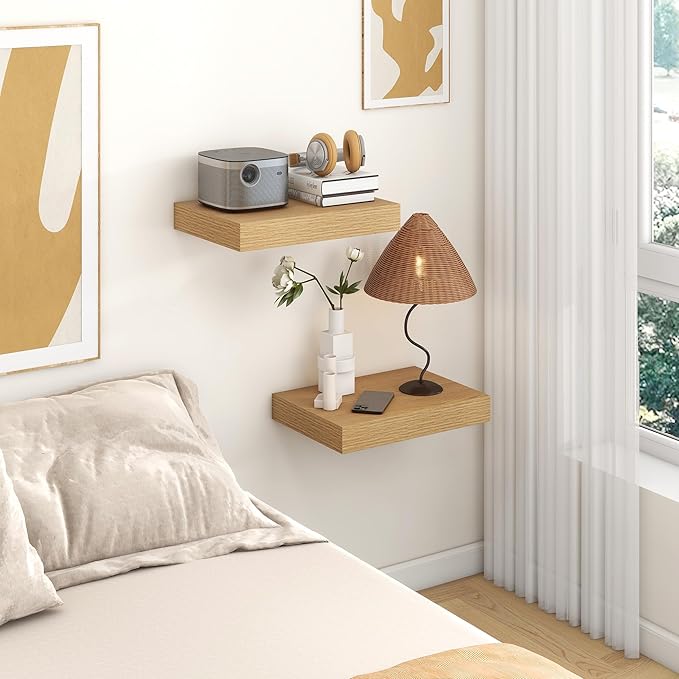 12 Inch Deep Floating Shelves | 16 Inch Oak Floating Shelves Set of 2 | 16W x 12D Rustic Shelves for Wall | Deep Wood Shelves for Living Room Bathroom Kitchen Bedroom
