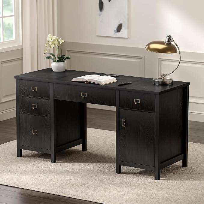 EYYTHUNG 59" Executive Desk with File Drawers Cabinet, Modern Computer Desk with Charging Station, Keyboard Tray, Large Home Office Desk, Farmhouse Wood Desk for Study, Writing, Black