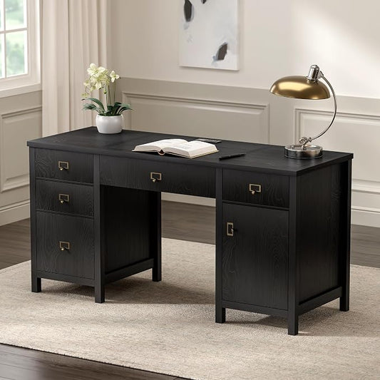 EYYTHUNG 59" Executive Desk with File Drawers Cabinet, Modern Computer Desk with Charging Station, Keyboard Tray, Large Home Office Desk, Farmhouse Wood Desk for Study, Writing, Black