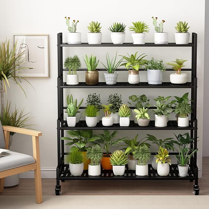 YIZAJIA Plant Stand Indoor 4 Tier Metal Outdoor Tiered Stands Shelf With wheel for Multiple Plants Potted Ladder Plant Holder Table Plant Pot Stand for Window Garden Balcony Living Room