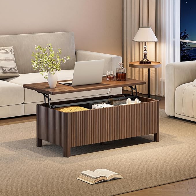 ONBRILL Fluted Lift Top Coffee Table with Storage, Mid Century Modern Coffee Table with Hidden Compartment, Rising Top Wood Center Table for Living Room, Home Office, Rounded Edges (Walnut)