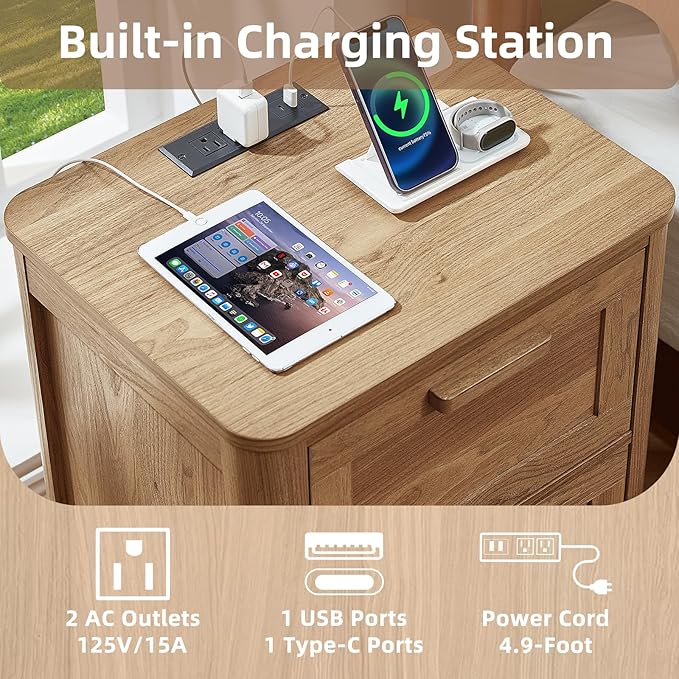 Farmhouse Nightstand Set of 2 with Charging Station, End Tables Bedroom with 2 Large Drawers & 4 Thickened Table Legs, Dark Wood