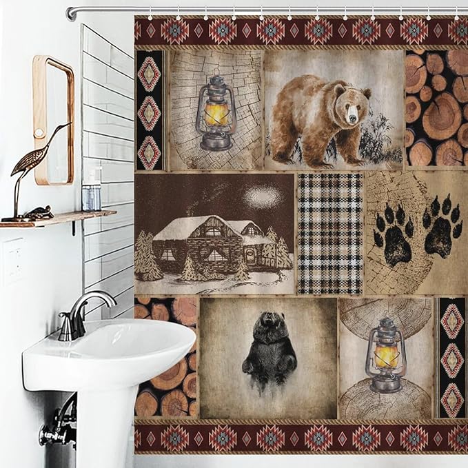 Rustic Cabin Vintage Bear Shower Curtain Boho Farmhouse Country Lodge Woodland Waterproof Shower Curtains for Bathroom Decor 12 Pack Hooks 55x72in（140x183cm）