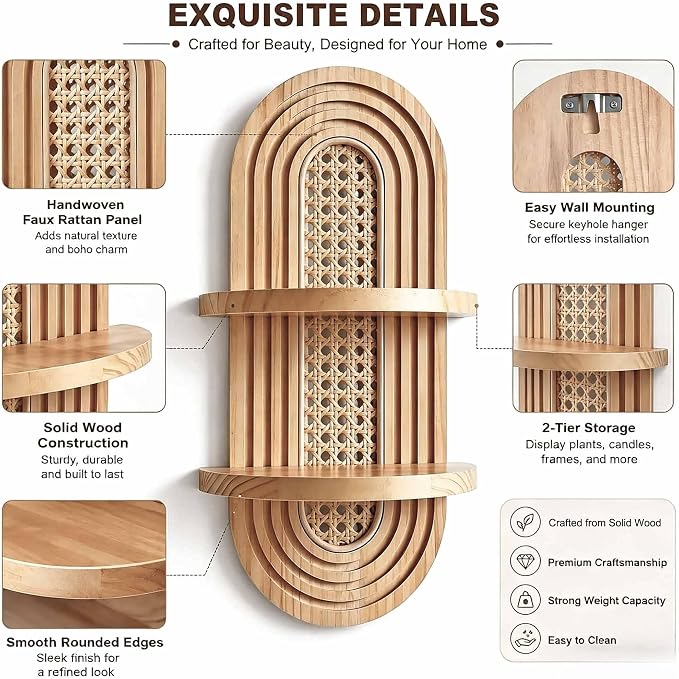 2-Tier Woven Rattan Floating Shelves, Mid-Century Modern Boho Wooden Wall Hanging Decor Plant Shelf for Living Room, Bedroom, Bathroom, Home Office, Ideal for Small Planters & Accents (Natural)