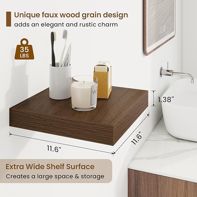 Marsmiles Square Floating Shelves for Wall, 12" W x 12" D x 1.5" H, 3 Pack Small Wall Mounted Engineered Wood Shelves with Invisible Brackets for Living Room, Bedroom, Bathroom, Kitchen Decor, Walnut