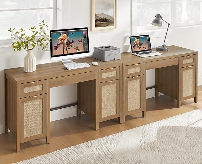 SICOTAS Home Office Desk with Storage - Rattan Executive Desk with Drawers and Cabinets, Farmhouse Large Computer Writing Table for Study, Office, Living Room, Oak (2 Pieces)
