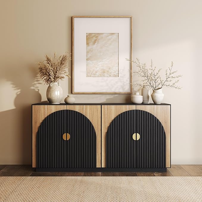 BELLEZE 65 Inch Fluted Buffet Cabinet with Storage, Symmetrical Arc Accent Sideboard Large Console Table for Dining Room, Kitchen, and Living Room (Camel)