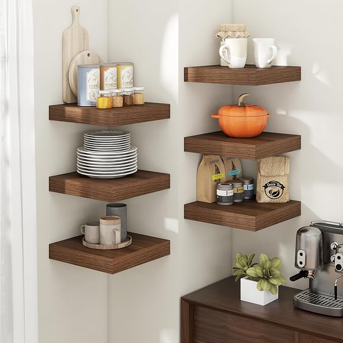 12 Inch Square Floating Shelves for Wall 2 Pack, 12"D Wood Grain Bathroom Shelves with Invisible Brackets, Easy Install Engineered Wood Storage Shelves for Kitchen, Living Room, Bedroom, Walnut Finish