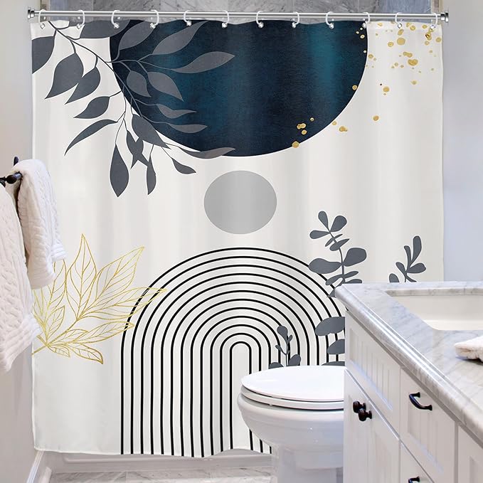 Riyidecor Navy Blue Boho Mid Century Shower Curtain for Bathroom Decor 72Wx84H Extra Long Modern Abstract Gold Leaves Minimalist Geometric Art Printed Fabric Polyester Waterproof 12 Pack Plastic Hooks