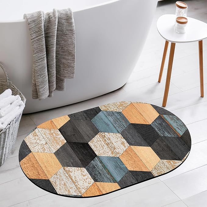 Bathroom Rug Mat Colorful Weathered Hexagonal Wood Oval Bath Mat Doormat Absorbent Quick Dry Non Slip Diatom Mud Mat for Shower Tub Sink Laundry Kitchen Doorway 23.6x15.7 Inches