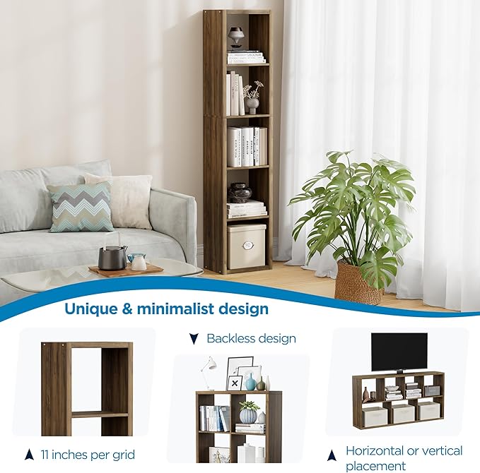5 Cube Storage Organizer Single Row, Cube Shelf with Heavy-Duty Thick Boards, 13.31" L x 9.37" W x 60.55" H, Smooth Easy-Clean Panels, Simple Assembly, for Living Room Bedroom Office, Brown