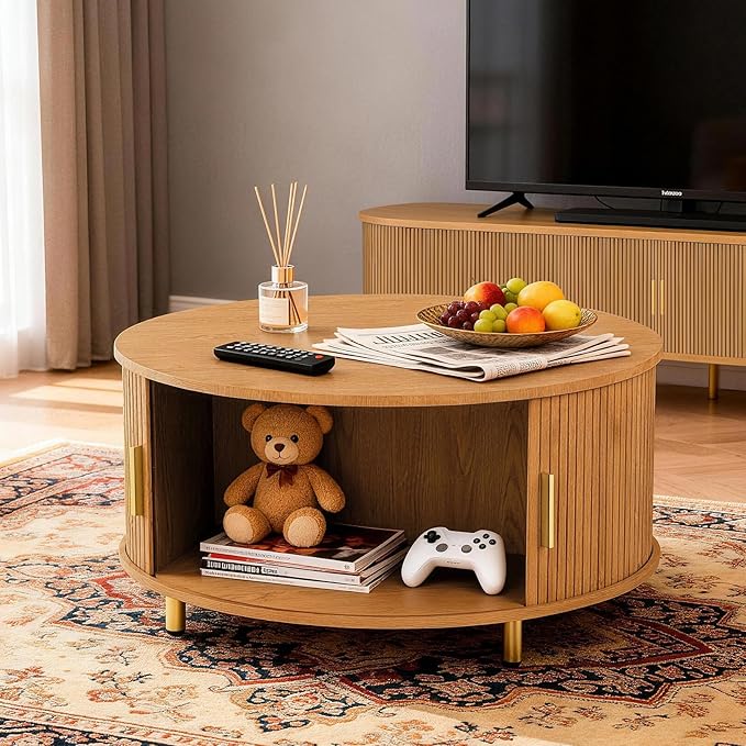 DHH Round Coffee Table, 31.5" Mid Century Modern Coffee Table with 360° Sliding Tambour Door, Fluted Accent Coffee Table with Storage,Adjustable Footpads for Living Room, Yellow Walnut