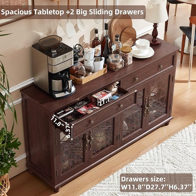 Large Sideboard Buffet Cabinet with Storage,59" Credenza with 4 Glass Doors & 2 Drawers,Adjustable Shelves Coffee Bar,Wood Kitchen Console Table for Dining Room,Living Room,Walnut