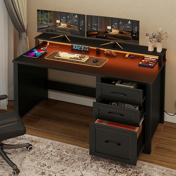 Vabches 47" Farmhouse Executive Desk with Monitor Stand & File Cabinet,3 Drawers Computer Desk with LED Lights and Power Outlets,Workstation for Home Office, Study,Writing.Pure Black
