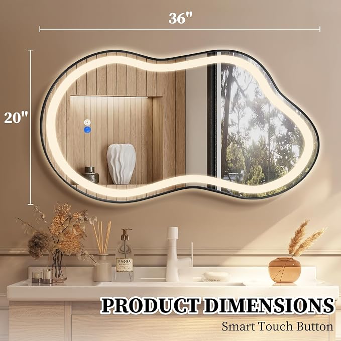 Irregular LED Bathroom Mirror with Lights, Cloud Smart Backlit Mirror, Dimmable Lighted Bathroom Mirror with Anti-Fog, Asymmetrical Vanity Mirror Hangable 2 Ways (Black, 20" x 36", 2 Pack)