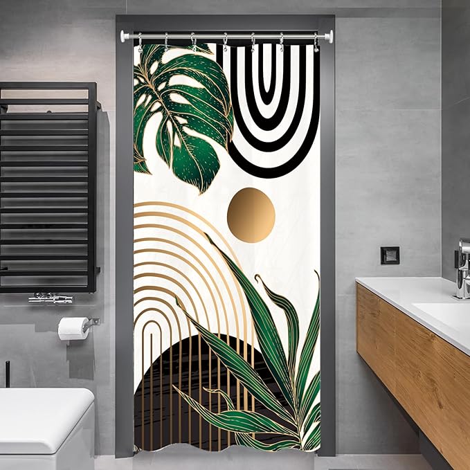 Miyotaa Stall Emerald Green Shower Curtain Set 36Wx71H Inches Abstract Small Half Minimalist Modern Tropical Leaves Geometric Aesthetic Contemporary Waterproof Bathroom Curtain with 12 Hooks