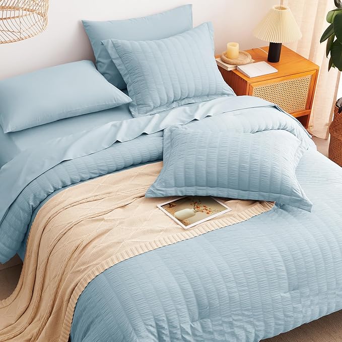 CozyLux Queen Comforter Set Light Blue, 7 Pieces Seersucker Textured Luxury Bed in a Bag Queen, All Seasons Soft Bedding Sets with Down Alternative Comforter, Sheets, Pillowcases & Shams, Home Gift