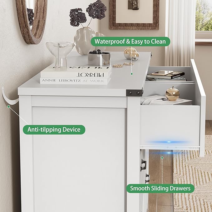 Dresser for Bedroom with 8 Drawers, 48" Wide Wood Chest of Drawers with Deep Drawers & Mental Handle, Modern Dresser TV Stand, Wooden Closet Storage Organizer for Living Room, Hallway, Entryway, White
