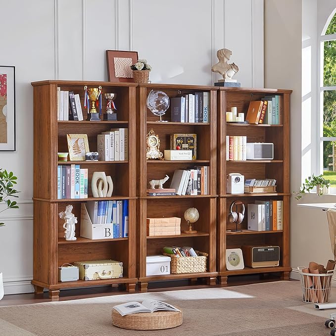SAVOR LIFE 70" Tall Brown Bookshelf,5 Tier Wooden Book Shelf with Adjustable Shelves & Wood Legs,Free Standing Farmhouse Bookcase with Open Display Storage,Vintage Bookshelves for Classroom, 2PCS