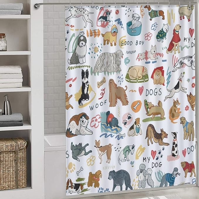 Dog Print Shower Curtain Different Types Cartoon Puppy Dog Pattern Duty Fabric Shower Curtains Set Bathroom Polyester Waterproof with 12 Hooks, 66x72Inch（168x183cm）