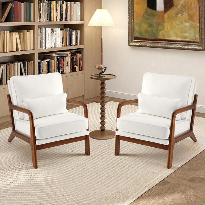 DUMOS Accent Chairs Set of 2,Mid Century Modern Chair with Arms and Waist Cushion, Reading Chairs for Adults, Lounge Chair for Living Room and Bedroom, Solid Wooden Frame, Cream