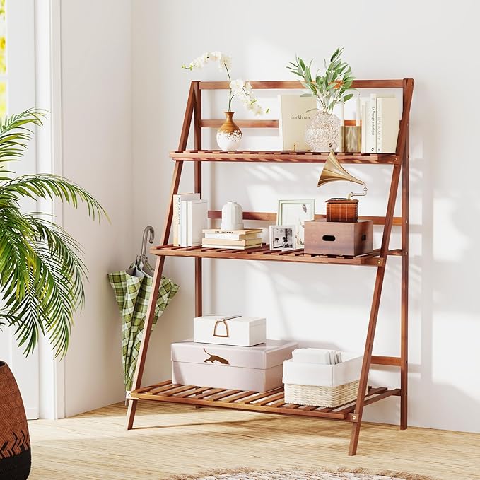 Giantex Folding Bamboo Plant Stand, 3-Tier Flower Pot Rack Display Shelf, Foldable Plants Holder Organizer Storage Shelving for Patio Garden Balcony Home Indoor Outdoor (Brown)