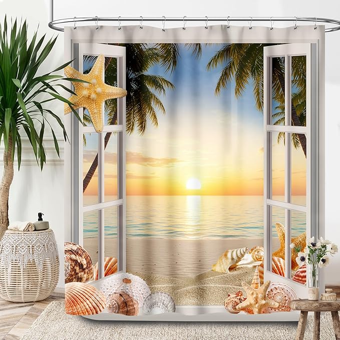 Ocean Beach Shower Curtains,Farmhouse Sunset Scenery Sea Wave Retro Wood Rustic Nature Landscape Bathroom Decor Polyester Fabric Waterproof Bathroom Curtain with Hooks,72x78Inch