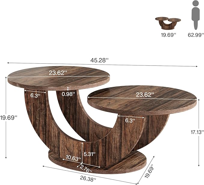 Tribesigns 46-inch Round Coffee Table, Modern Living Room Coffee Table with Funky U-Shaped Frame, Low Accent Center Tea Table for Home, Apartment, Rustic Brown