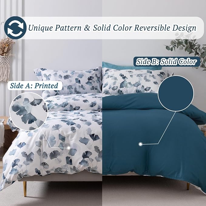 MILDLY Floral Duvet Cover Set - 100% Long-Staple Cotton Navy Ginkgo Leaf Pattern Printed Comforter Cover 3pcs Soft Breathable Luxury Bedding for All Season