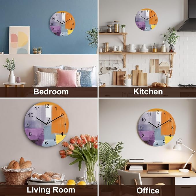 Abstract Painting Art Style Purple Orange Grey Yellow Wall Clock Battery Operated Non-Ticking 12" Round Wood Clocks, Kitchen Wall Clock for School Bathroom Living Room Home Office Wall Decor