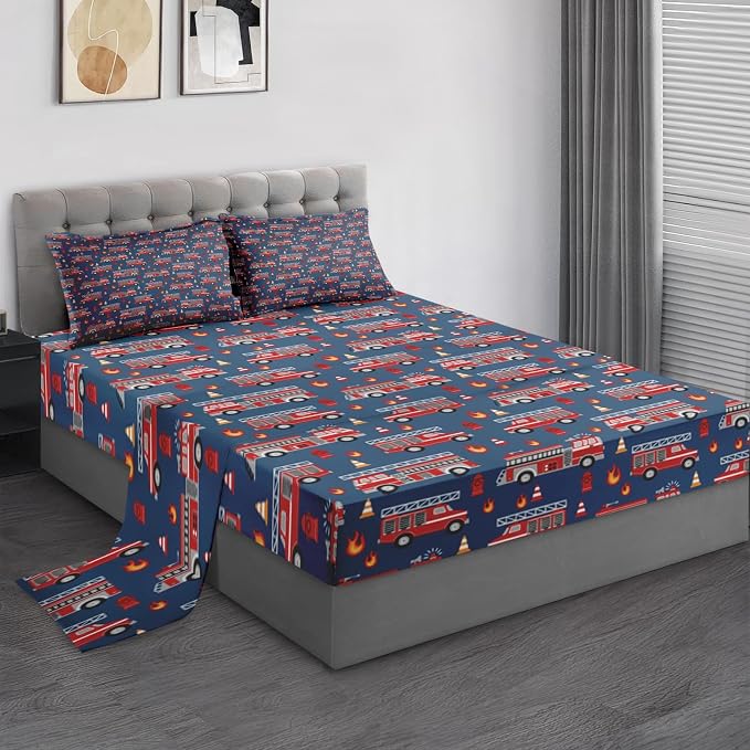 Pamnest Full Size Bed Sheet Sets, Fire Trucks Blue Soft Microfiber 4 Pcs Bedding Sets for Kids and Adults Bedroom Bed Decor, Red Car Vehicle Flat, Fitted Sheet and 2 Pillowcases