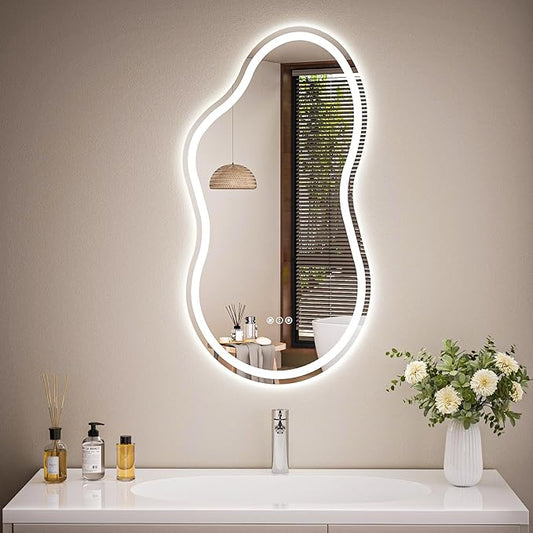 Cloud Shape Asymmetrical LED Vanity Mirror with Lights, 32"x20" Fogless Lighted Bathroom Mirror, 4mm Tempered Glass, Dimmable 3-Color & Memory Function, Wall Mounted (Horizontal/Vertical)