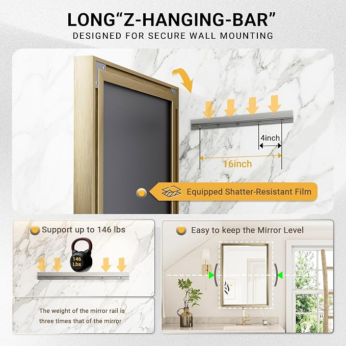 72 x 36 Gold Bathroom Mirror, Brushed Gold Beveled Bathroom Mirror, Shatterproof Large Gold Frame Rectangle Mirror, Brushed Brass Gold Framed Vanity Mirror Vertical/Horizontal Wall-Mounted