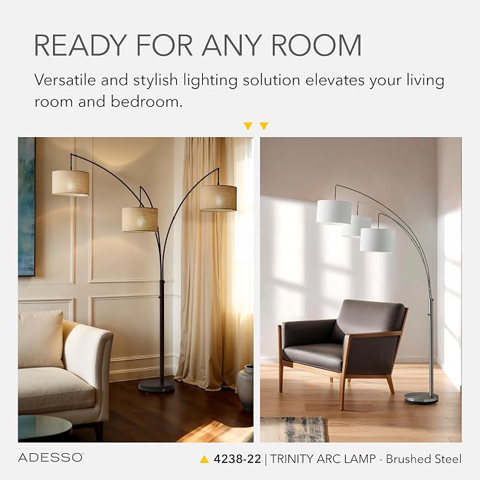 Adesso Arc Floor Lamp with 3 Movable Shades & Dimmable Brightness - Perfect Lighting for Bedroom, Living Room and Corner Decor, Brushed Steel
