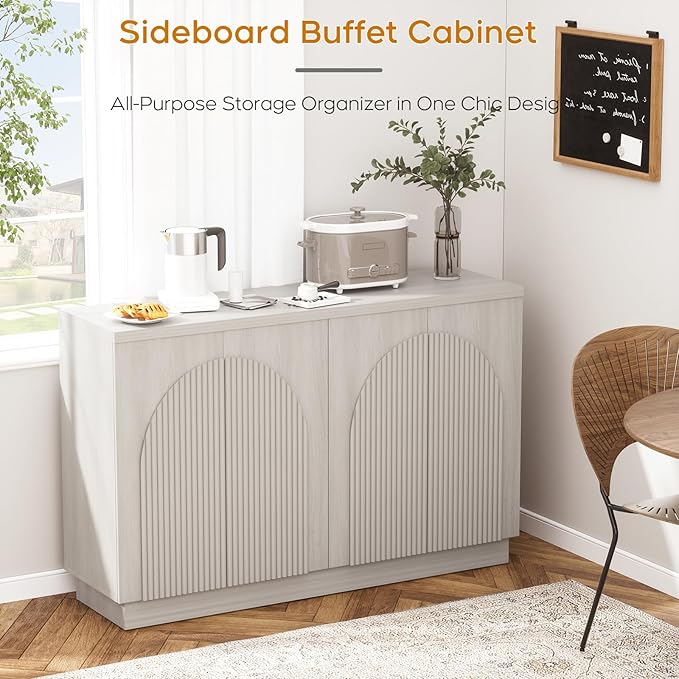 Yechen Accent Fluted Sideboard Buffet Cabinet with Arched Reeded Design Doors, Mid Century Modern Credenza Storage Cabinet with Adjustable Shelves, for Living Room Dinning Hallway, White Oak
