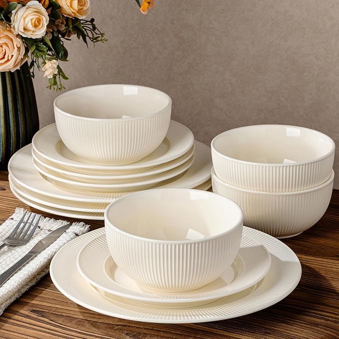 TheTerra Stoneware Dinnerware Sets for 4, 12 Pieces Ceramic Plates and Bowls Sets, Scratch Resistant Embossed Dish Set, Oven, Microwave & Dishwasher Safe, Beige