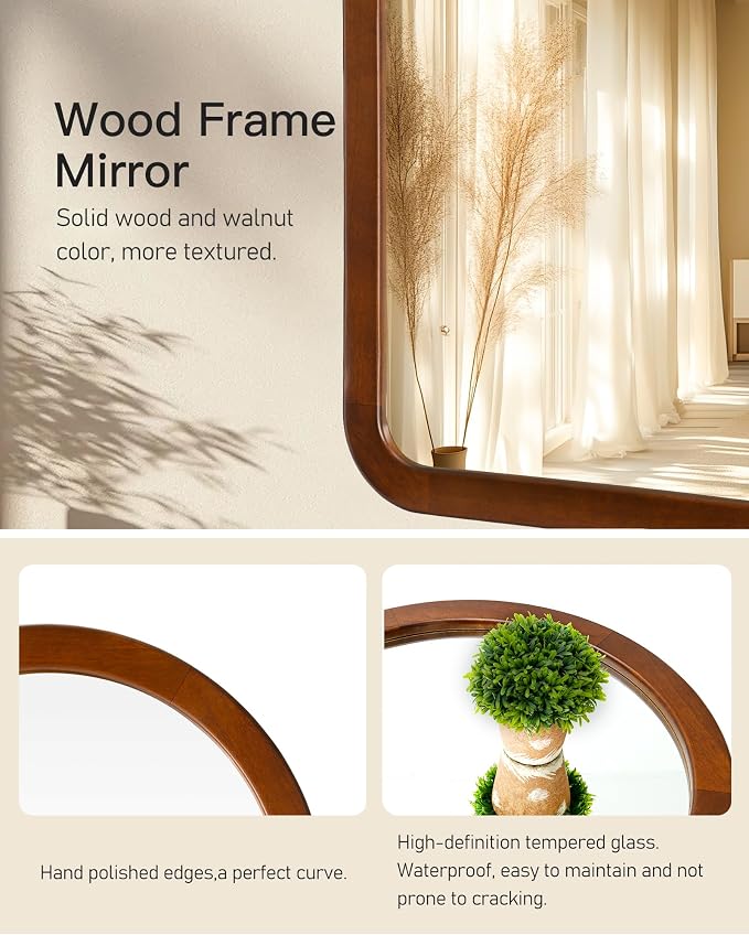 Arched Mirror 30 x 40 Inch,Walnut Brown Wood Rustic Bathroom Tempered Wall Mirror with Wood Frame,Round Corner Arch Farmhouse Wooden Vanity Mirror for Living Room,Entryway or Bedroom