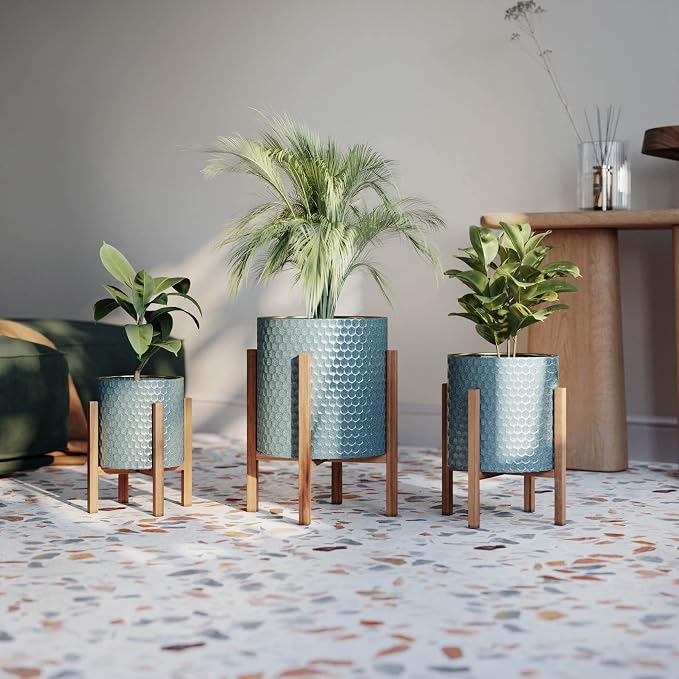 EverNest Mid-Century Modern Rhys Honeycomb Embossed Planter Pot with Kinsley Wood Stand, Metal Indoor Plant Pots, Blue Green Bohemian Style (Set of 3)