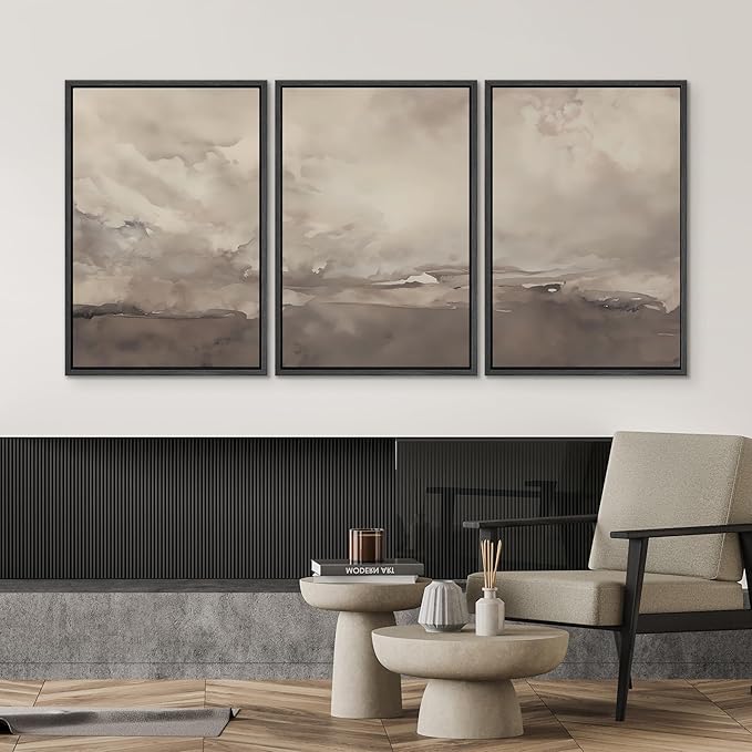 SIGNWIN Framed Canvas Print Wall Art Set Neutral Cloudy Sky Landscape Soft Beige and Taupe Illustrations Modern Art Decorative Boho Relax/Zen Nordic for Living Room, Bedroom, Office - 16"x24"x3 Black