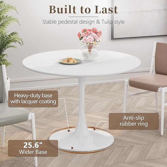 42 Inch Round Dining Table,Mid-Century Tulip Table with Metal Pedestal Base,Modern Leisure Table for Small Space Kitchen Dining Room,Easy Assembly,White