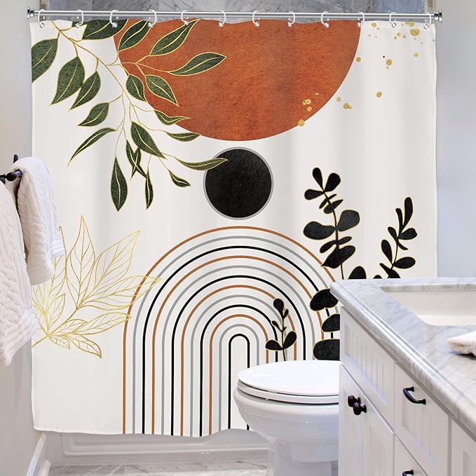 Riyidecor Burnt Orange Boho Modern Shower Curtain for Bathroom Decor 72Wx72H Mid Century Bohemian Neutral Unisex Palm Leaves Minimalist Art Printed Fabric Polyester Waterproof 12 Pack Plastic Hooks