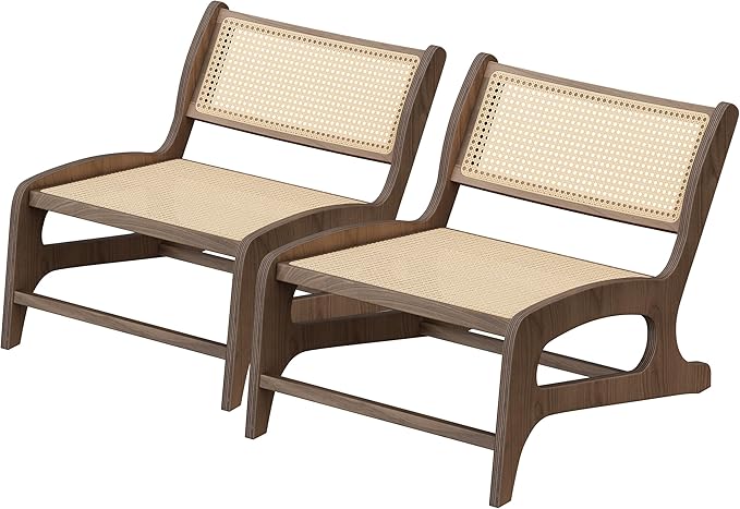 Chogori Mid Century Modern Wooden Lounge Chair Armless Rattan Accent Chair Lightweight Boho Style Seating Comfortable Single Chair for Living Room, Bedroom, or Patio (Walnut, Set of 2)