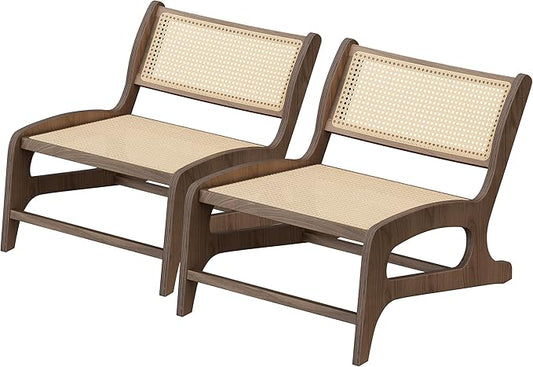 Chogori Mid Century Modern Wooden Lounge Chair Armless Rattan Accent Chair Lightweight Boho Style Seating Comfortable Single Chair for Living Room, Bedroom, or Patio (Walnut, Set of 2)