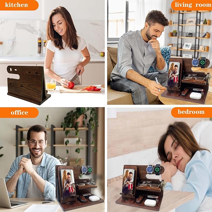VEIYAILU Walnut Wood Phone Docking Station Nightstand Organizer for Men, Gifts for Him, Boyfriend, Dad, Husband, Brother, Son, Anniversary, Birthday, Christmas, Father's Day