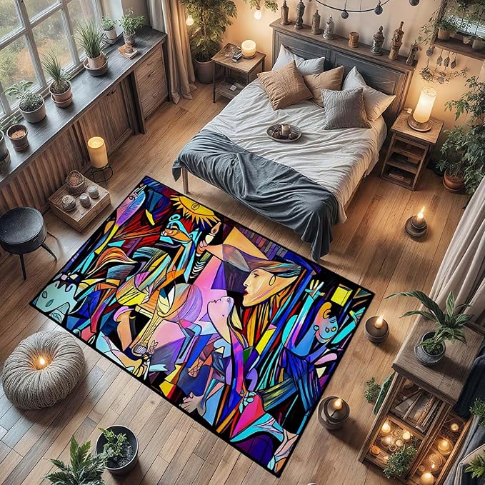 10x12 Colorful Guernica Rug, Abstract Pablo Picasso Rug, Abstract Rugs for Living Room, Modern Rugs, Large Colorful Graffiti Carpet, Non Slip & Faux Cashmere Washable Carpet