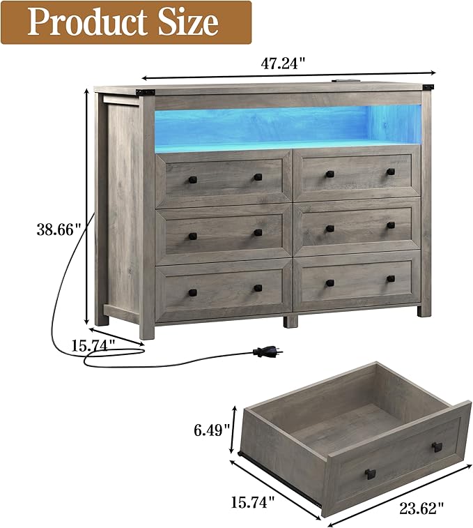 Grey Dresser 6 Drawer Dressers for Bedroom with LED Lights, Charging Station, Wood Chest of Drawers with Metal Handles, Modern TV Stand Storage Cabinet for Living Room, Hallway, Entryway, Gray