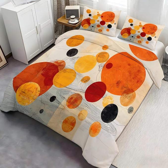 Vintage Mid Century Duvet Cover King Size, Orange Red Yellow Geometric Bedding Set 3 Piece, Watercolor Abstract Geometric Patterned Comforter Cover with Zipper Soft Microfiber, 2 Pillowcases