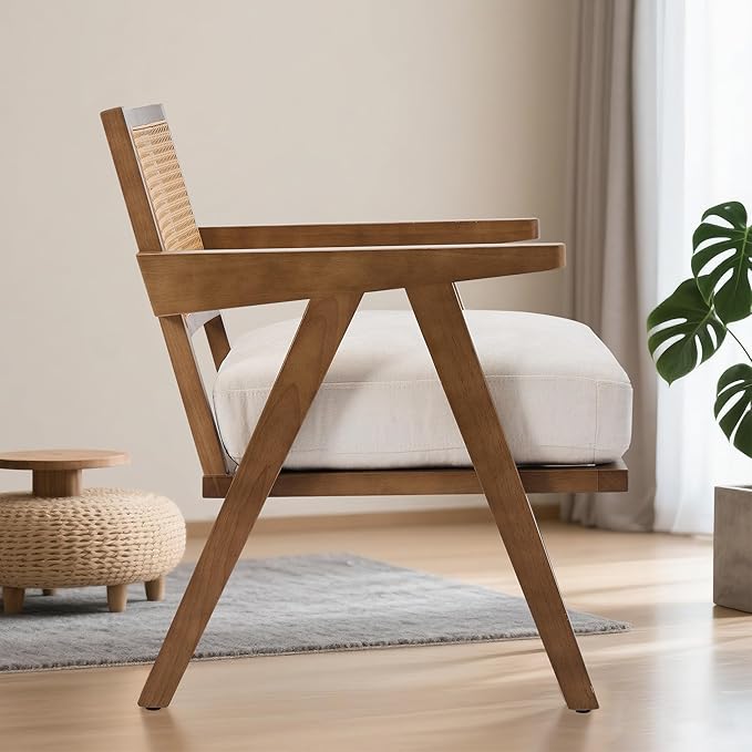 Mid Century Modern Accent Chair, Comfy Living Room Chairs with Sturdy Wood Legs, Rattan Backrest & Beige Thick Linen Cushion, Armchair for Bedroom Balcony Apartment, Beige (2 PCS)